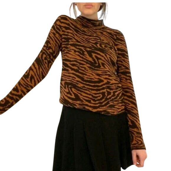 Ann Taylor Tiger Print Jacquard Mockneck Sweater in Chocolate Noir Sz S Soft NWT - Picture 1 of 9